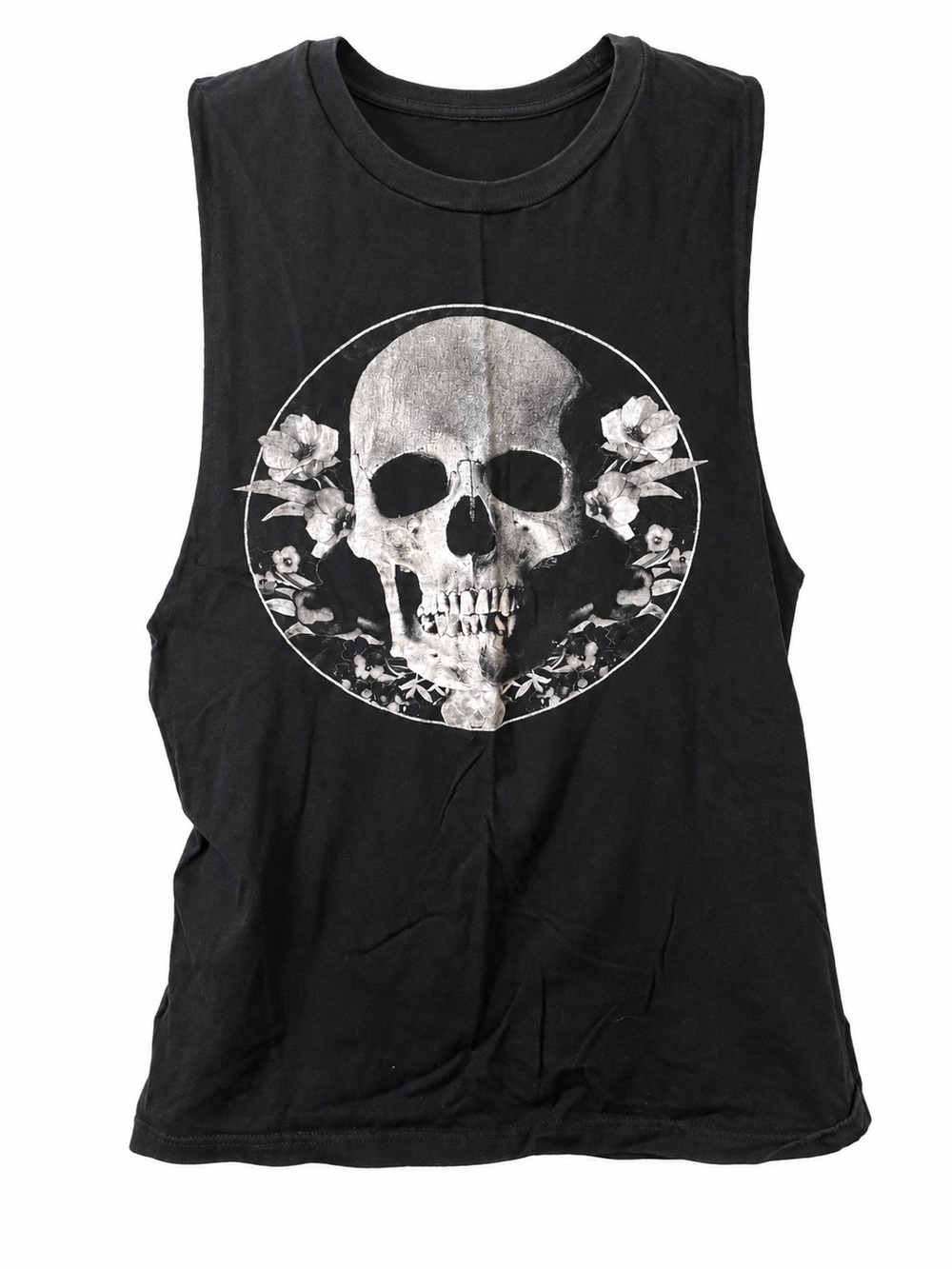 Black Skull Floral Muscle Tee for Women